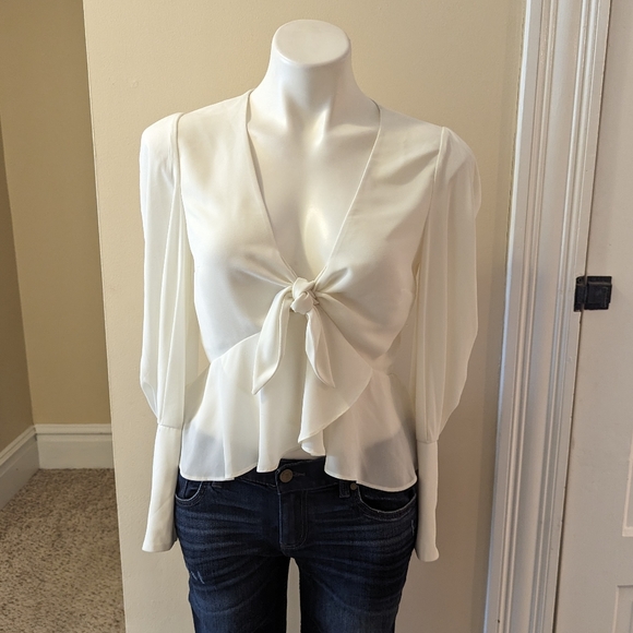 Whisper cream long sleeve low cut top with tie size S - Picture 1 of 7